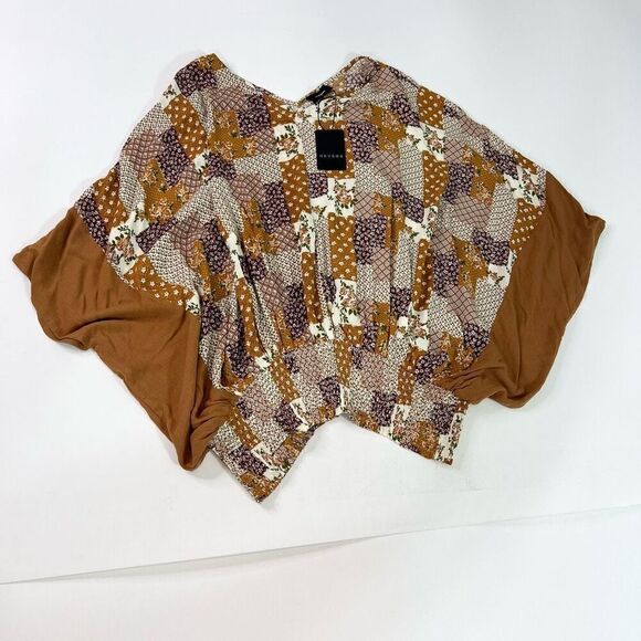 Heyson Blouse Womens Medium Brown Floral Cropped Smocked new western patchwork - Picture 1 of 9